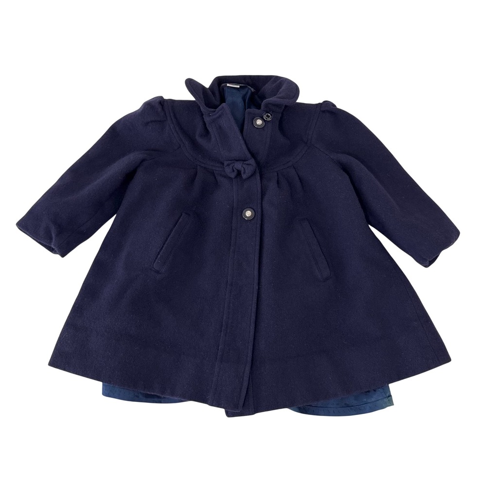 VTG Rothschild Wool‎ Swing Coat Kids Navy Blue Bow Pleated academia 4T